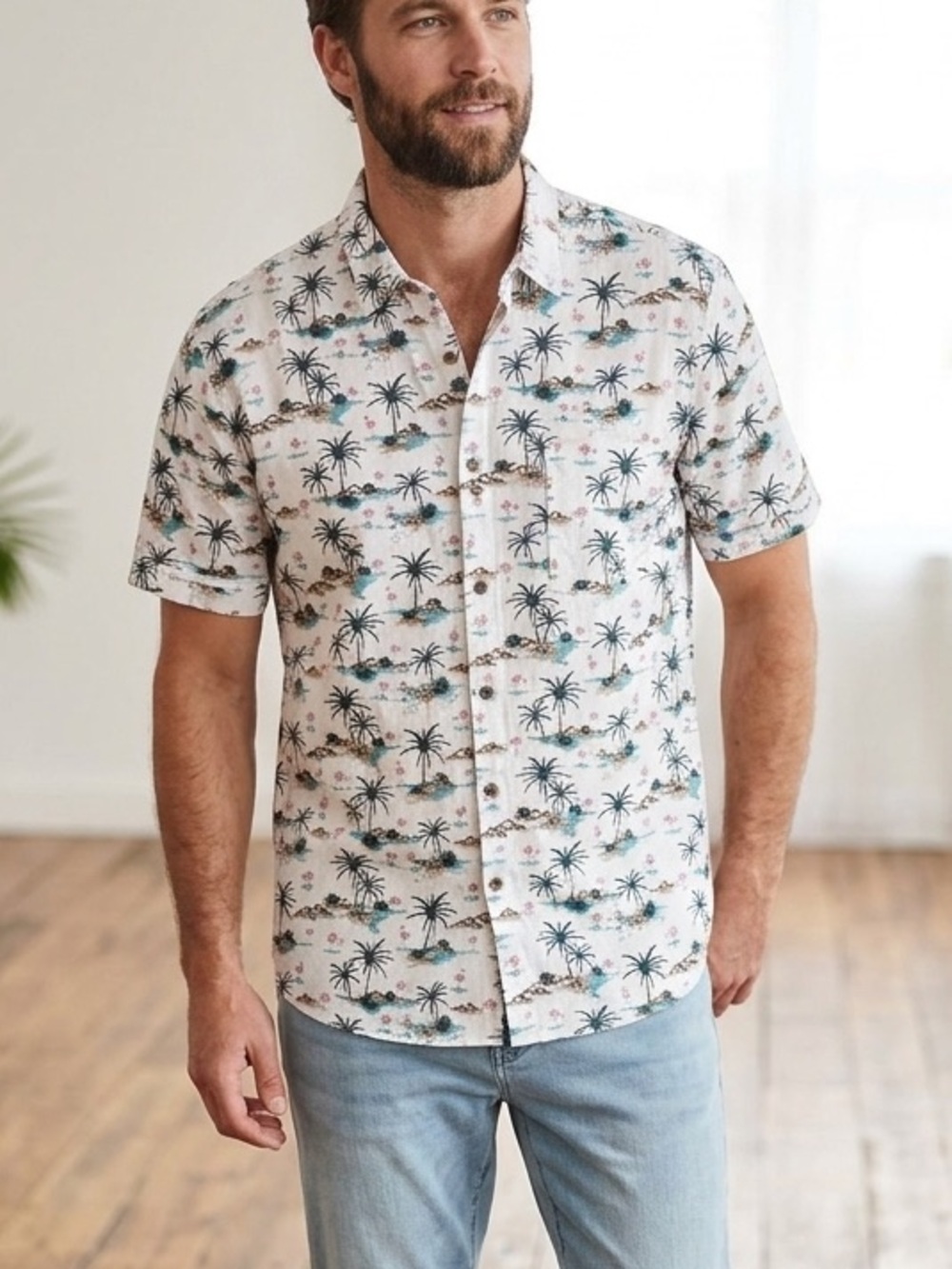 NWT Amiani Modal Linen Tropical Flamingo Hawaiian Shirt - Large